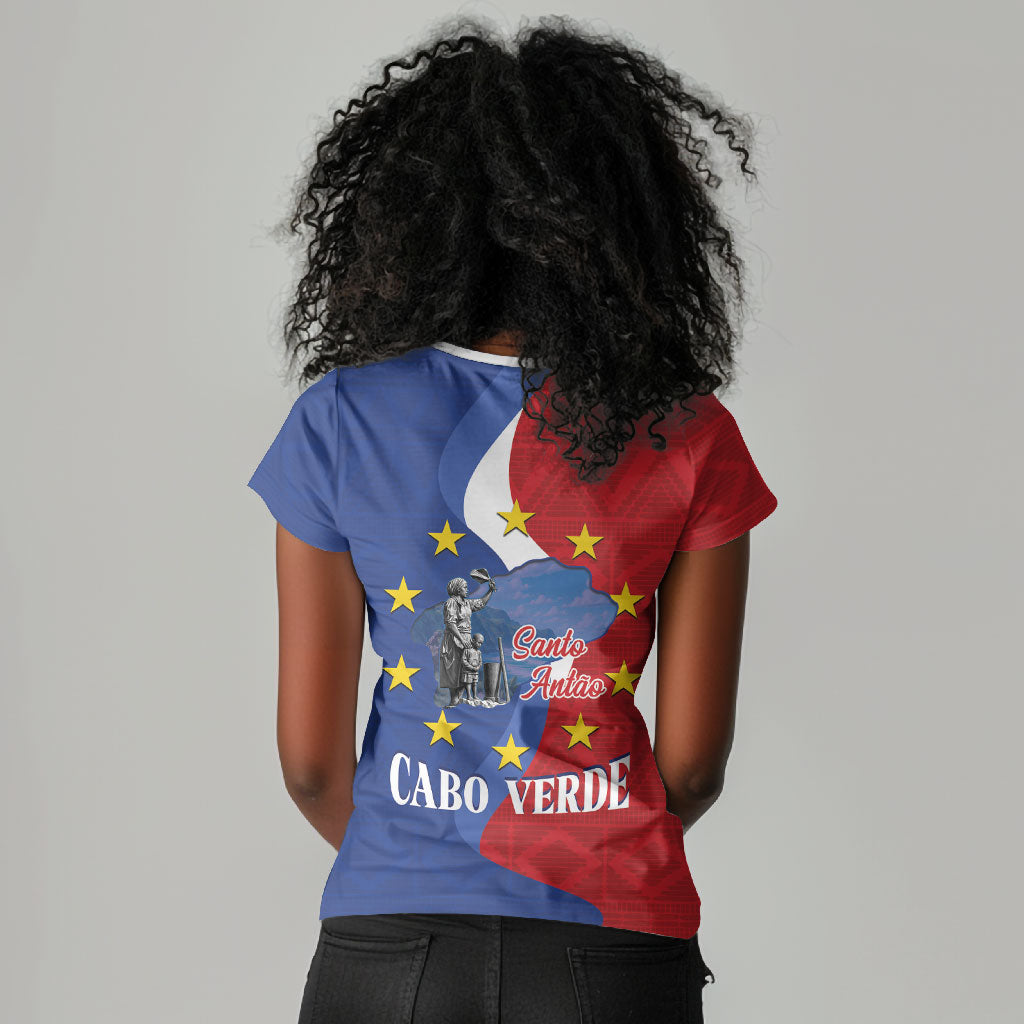 Santo Antao Cabo Verde Women V-Neck T-Shirt Map With Me Maia Statue African Pattern