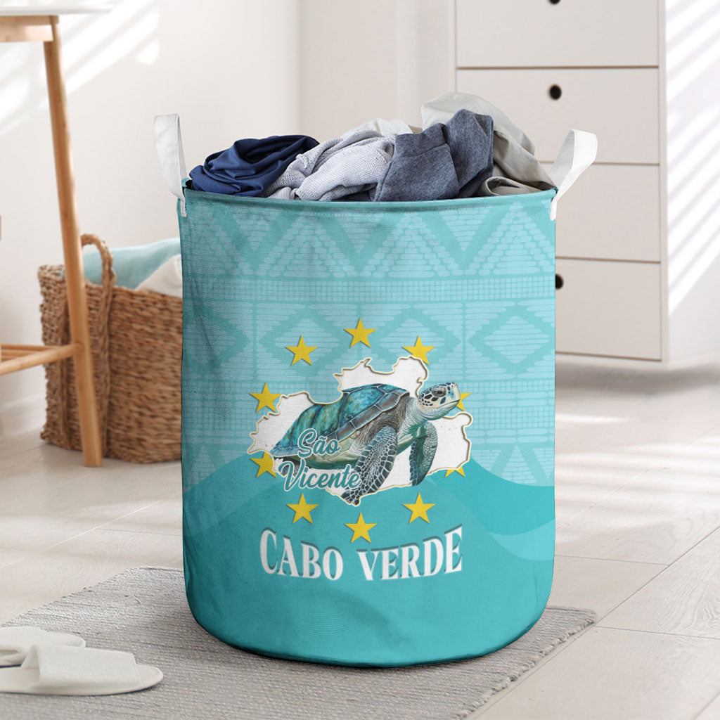 Sao Vincente Cabo Verde Laundry Basket Map With Sea Turtle African Pattern