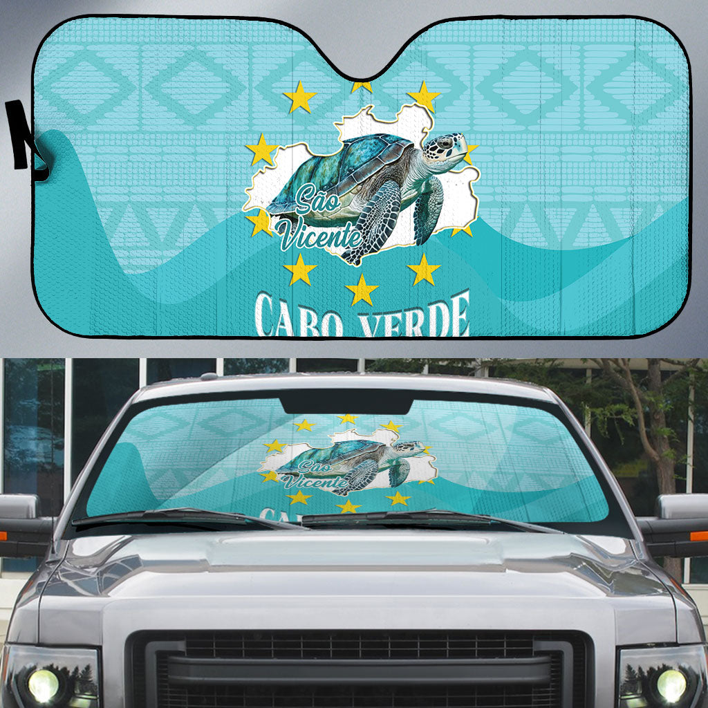 Sao Vincente Cabo Verde Auto Sun Shade Map With Sea Turtle African Pattern