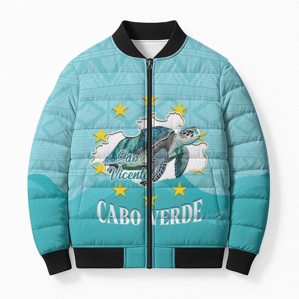 Sao Vincente Cabo Verde Bomber Puffer Jacket Map With Sea Turtle African Pattern