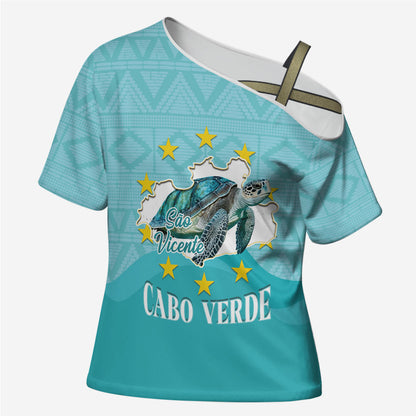 Sao Vincente Cabo Verde Cross Shoulder Shirt Map With Sea Turtle African Pattern
