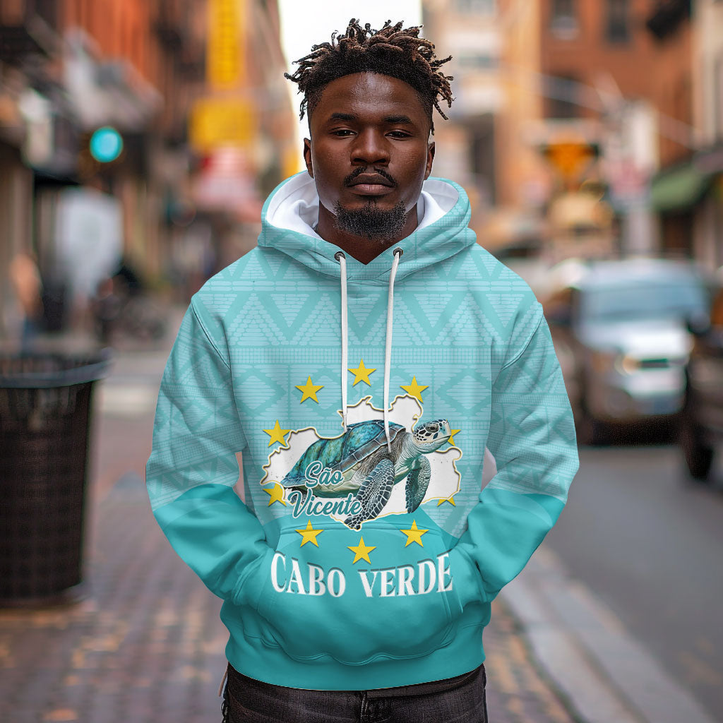 Sao Vincente Cabo Verde Hoodie Map With Sea Turtle African Pattern