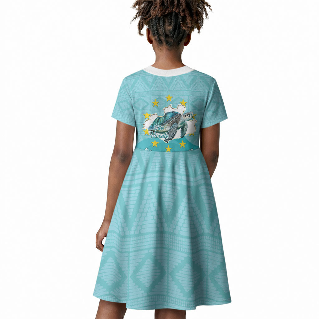 Sao Vincente Cabo Verde Kid Short Sleeve Dress Map With Sea Turtle African Pattern