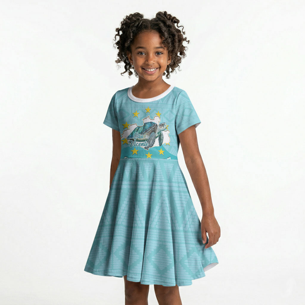 Sao Vincente Cabo Verde Kid Short Sleeve Dress Map With Sea Turtle African Pattern