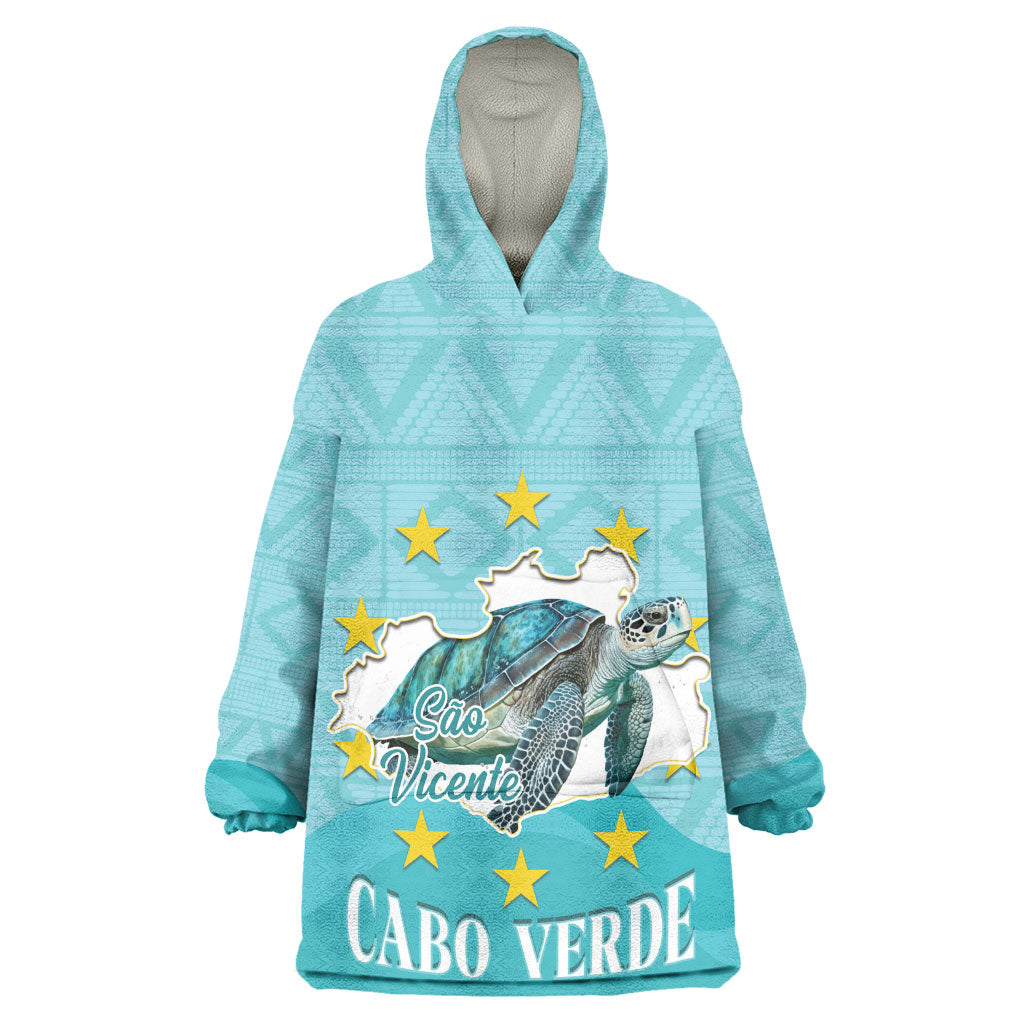 Sao Vincente Cabo Verde Kid Wearable Blanket Hoodie Map With Sea Turtle African Pattern