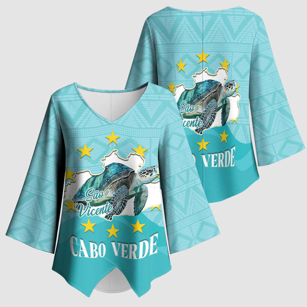 Sao Vincente Cabo Verde Kimono Sleeve Blouse Map With Sea Turtle African Pattern