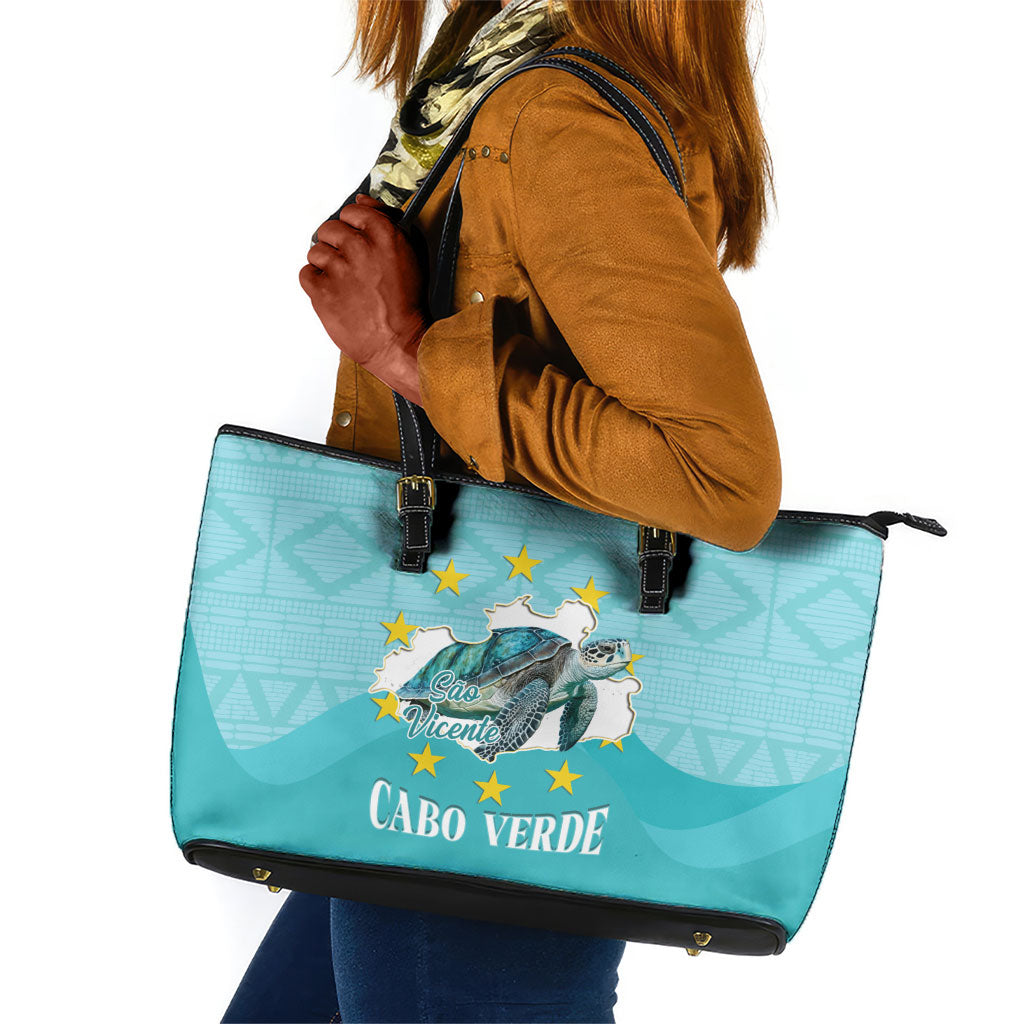 Sao Vincente Cabo Verde Leather Tote Bag Map With Sea Turtle African Pattern