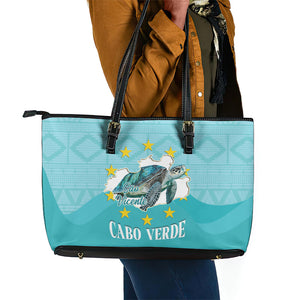 Sao Vincente Cabo Verde Leather Tote Bag Map With Sea Turtle African Pattern