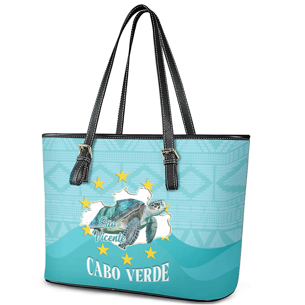 Sao Vincente Cabo Verde Leather Tote Bag Map With Sea Turtle African Pattern