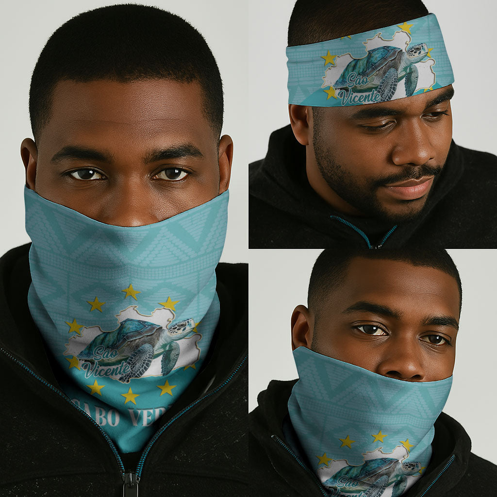 Sao Vincente Cabo Verde Neck Gaiter Map With Sea Turtle African Pattern