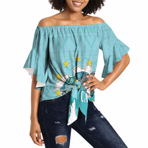 Sao Vincente Cabo Verde Off Shoulder Wrap Waist Top Map With Sea Turtle African Pattern