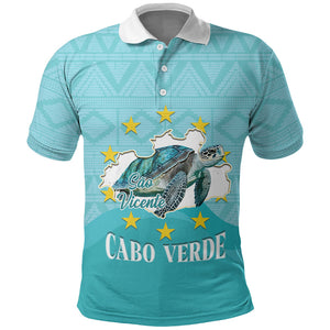 Sao Vincente Cabo Verde Polo Shirt Map With Sea Turtle African Pattern