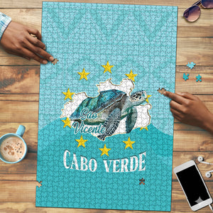 Sao Vincente Cabo Verde Puzzle Map With Sea Turtle African Pattern