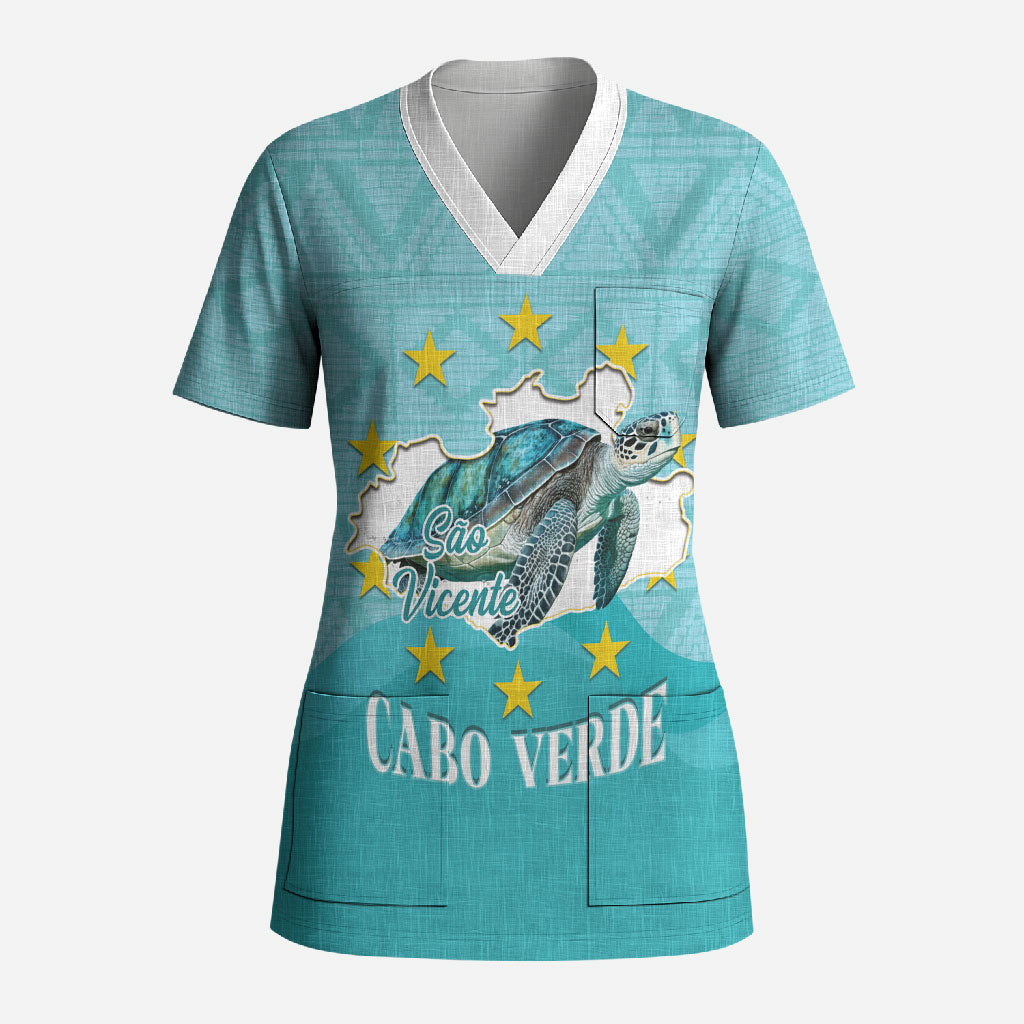 Sao Vincente Cabo Verde Scrub Top Map With Sea Turtle African Pattern