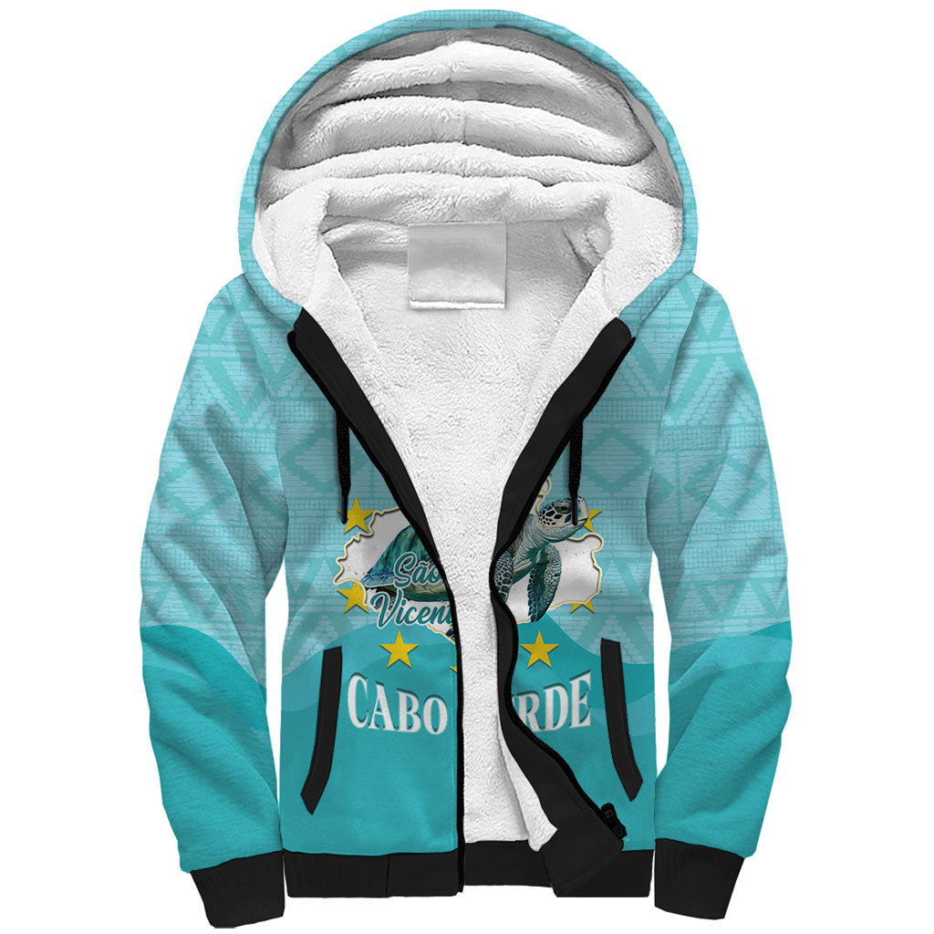 Sao Vincente Cabo Verde Sherpa Hoodie Map With Sea Turtle African Pattern