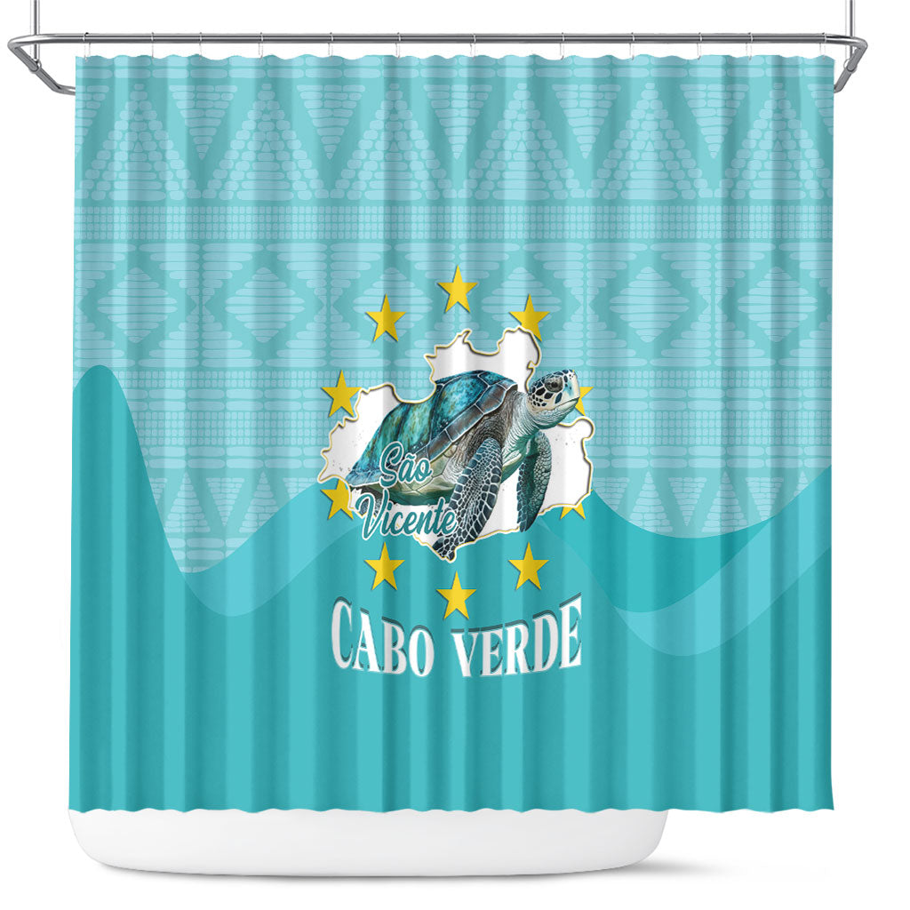 Sao Vincente Cabo Verde Shower Curtain Map With Sea Turtle African Pattern
