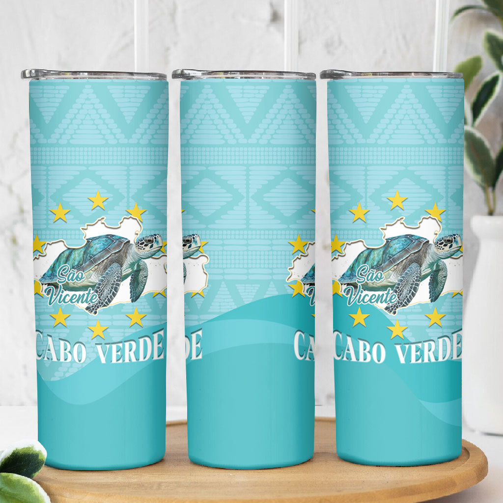 Sao Vincente Cabo Verde Skinny Tumbler Map With Sea Turtle African Pattern