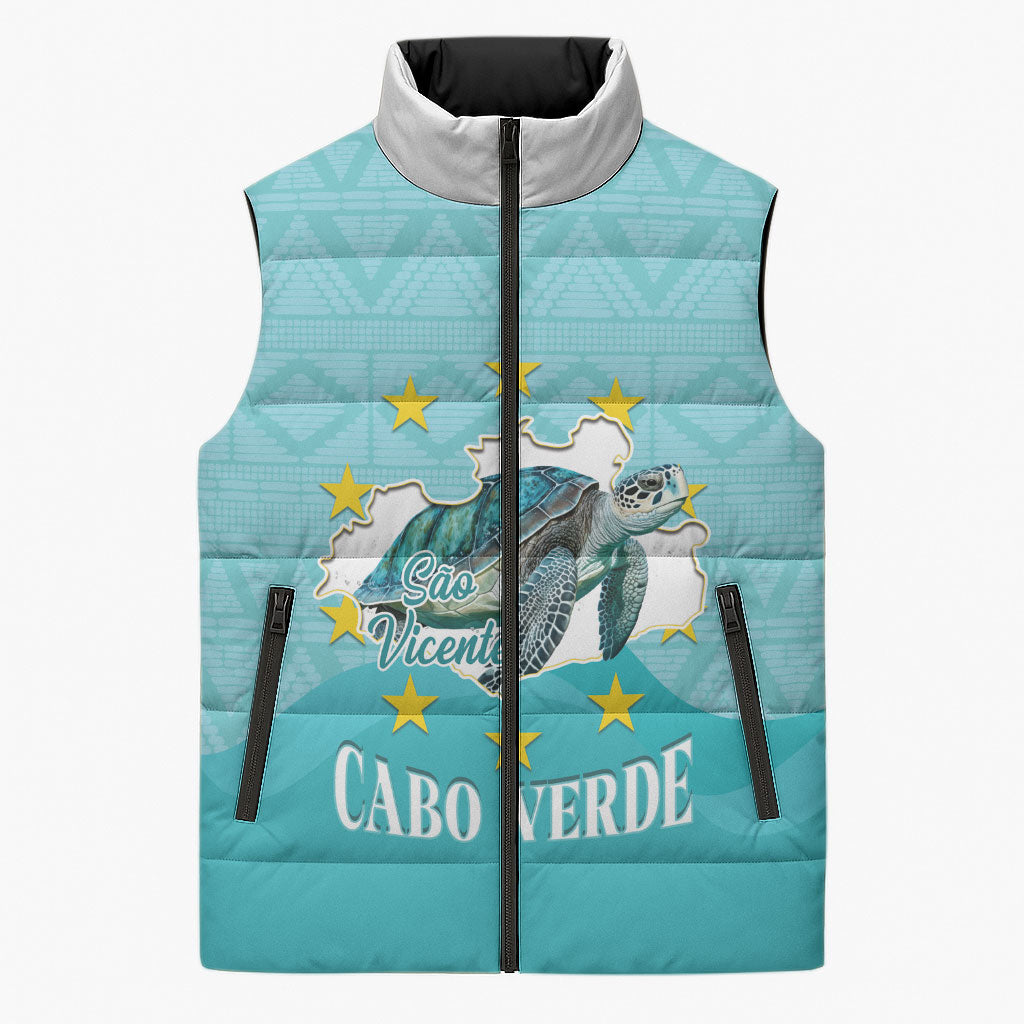 Sao Vincente Cabo Verde Sleeveless Puffer Jacket Map With Sea Turtle African Pattern