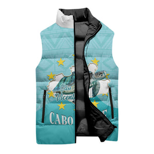 Sao Vincente Cabo Verde Sleeveless Puffer Jacket Map With Sea Turtle African Pattern