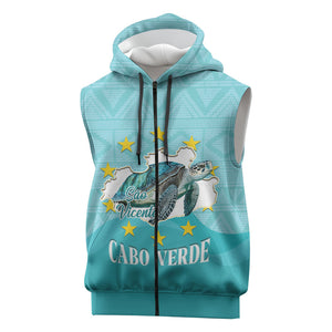 Sao Vincente Cabo Verde Sleeveless Zip Hoodie Map With Sea Turtle African Pattern