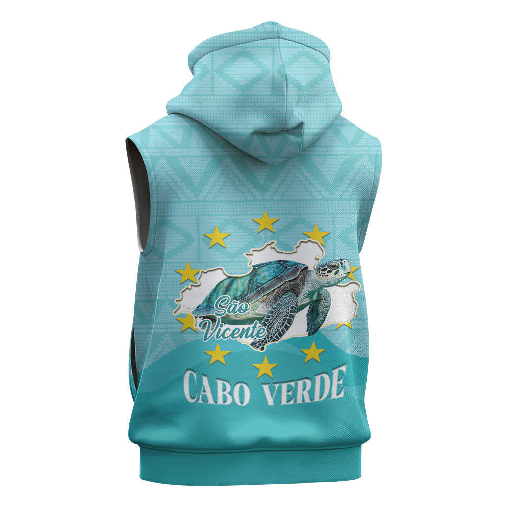 Sao Vincente Cabo Verde Sleeveless Zip Hoodie Map With Sea Turtle African Pattern