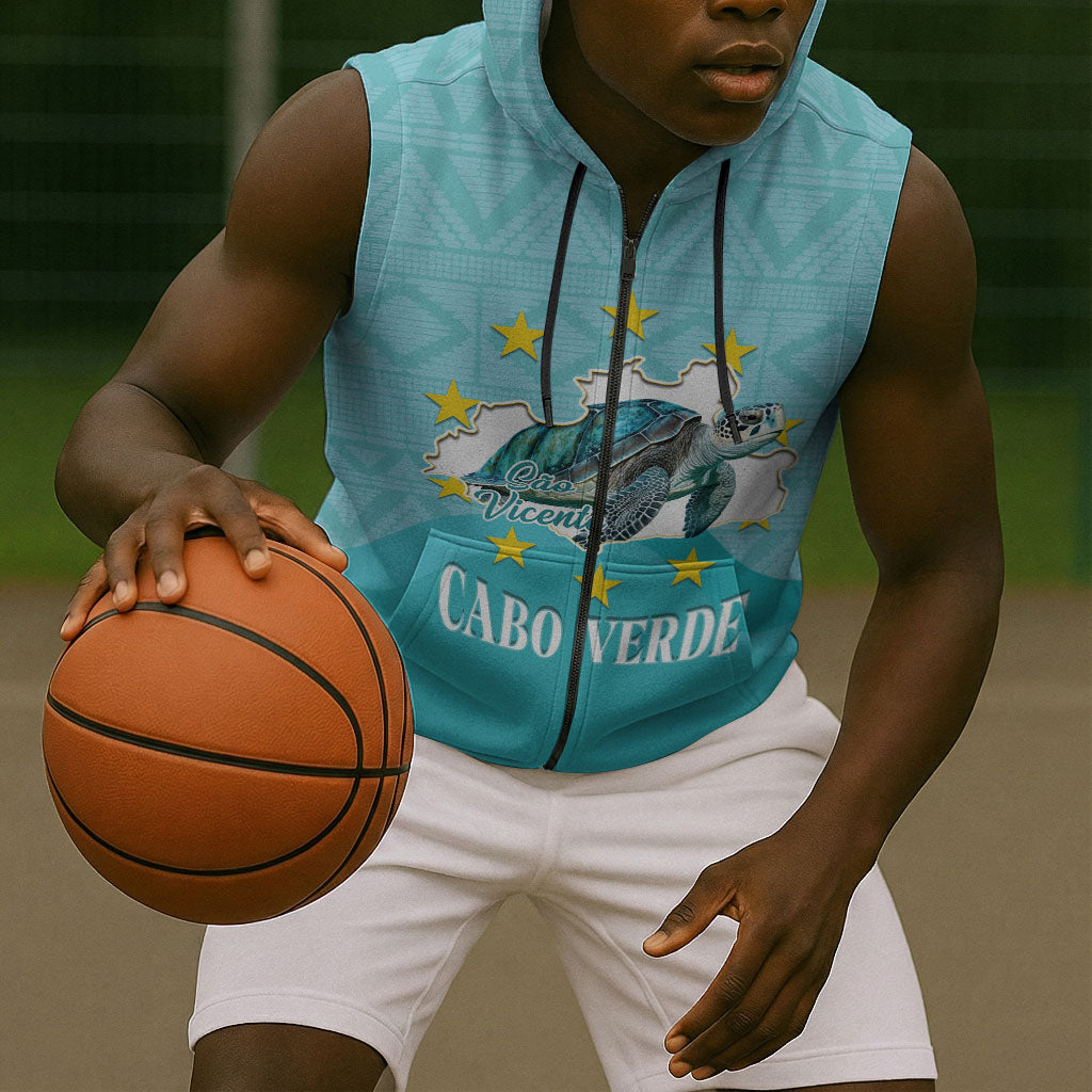 Sao Vincente Cabo Verde Sleeveless Zip Hoodie Map With Sea Turtle African Pattern