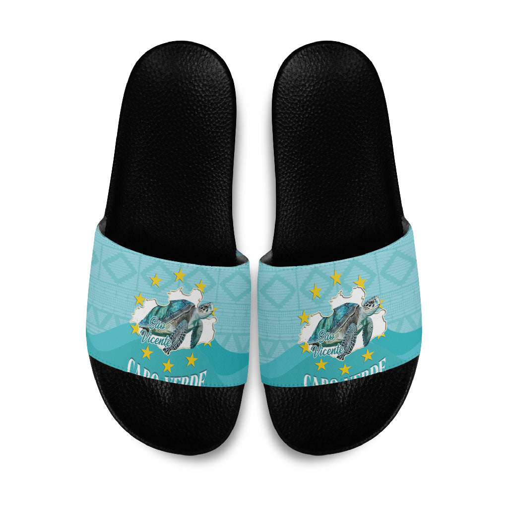 Sao Vincente Cabo Verde Slide Sandals Map With Sea Turtle African Pattern