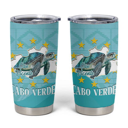 Sao Vincente Cabo Verde Tumbler Cup Map With Sea Turtle African Pattern