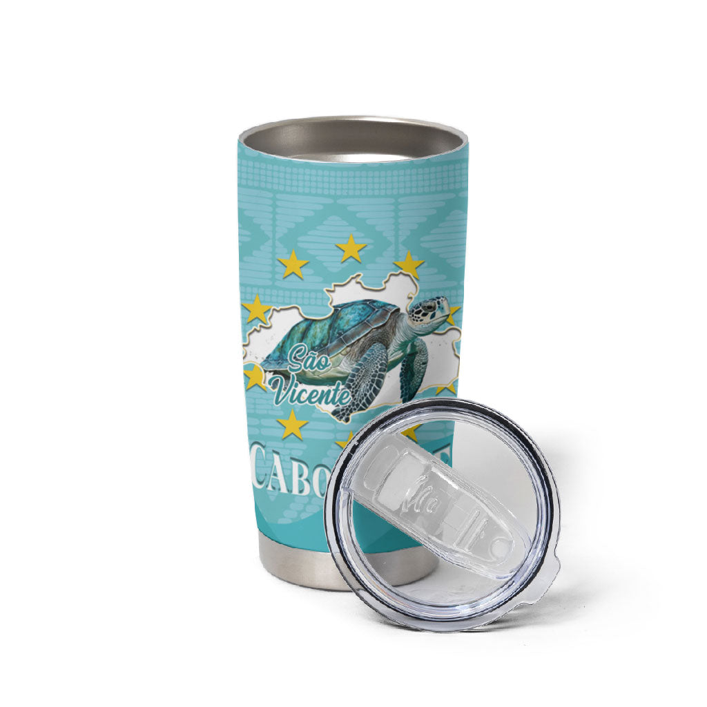 Sao Vincente Cabo Verde Tumbler Cup Map With Sea Turtle African Pattern
