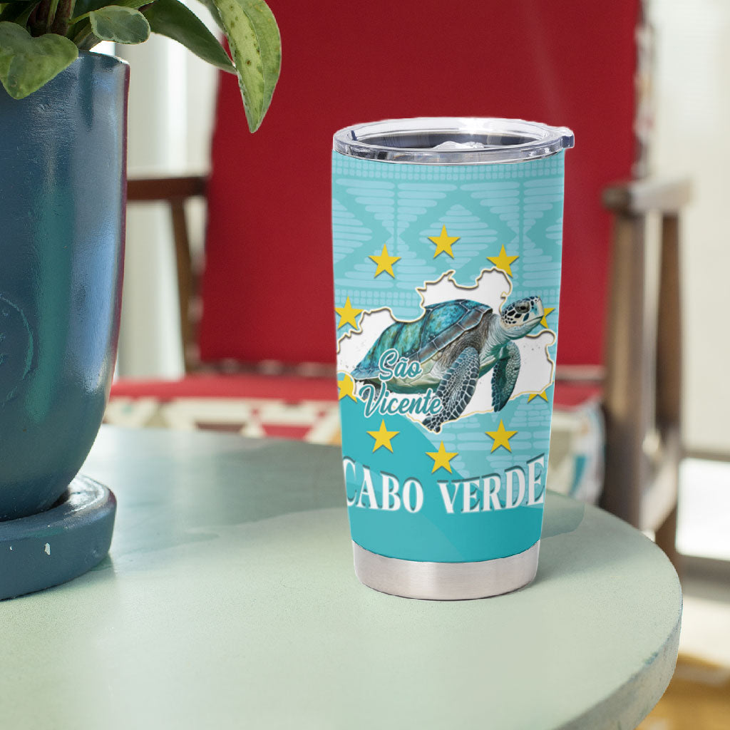 Sao Vincente Cabo Verde Tumbler Cup Map With Sea Turtle African Pattern