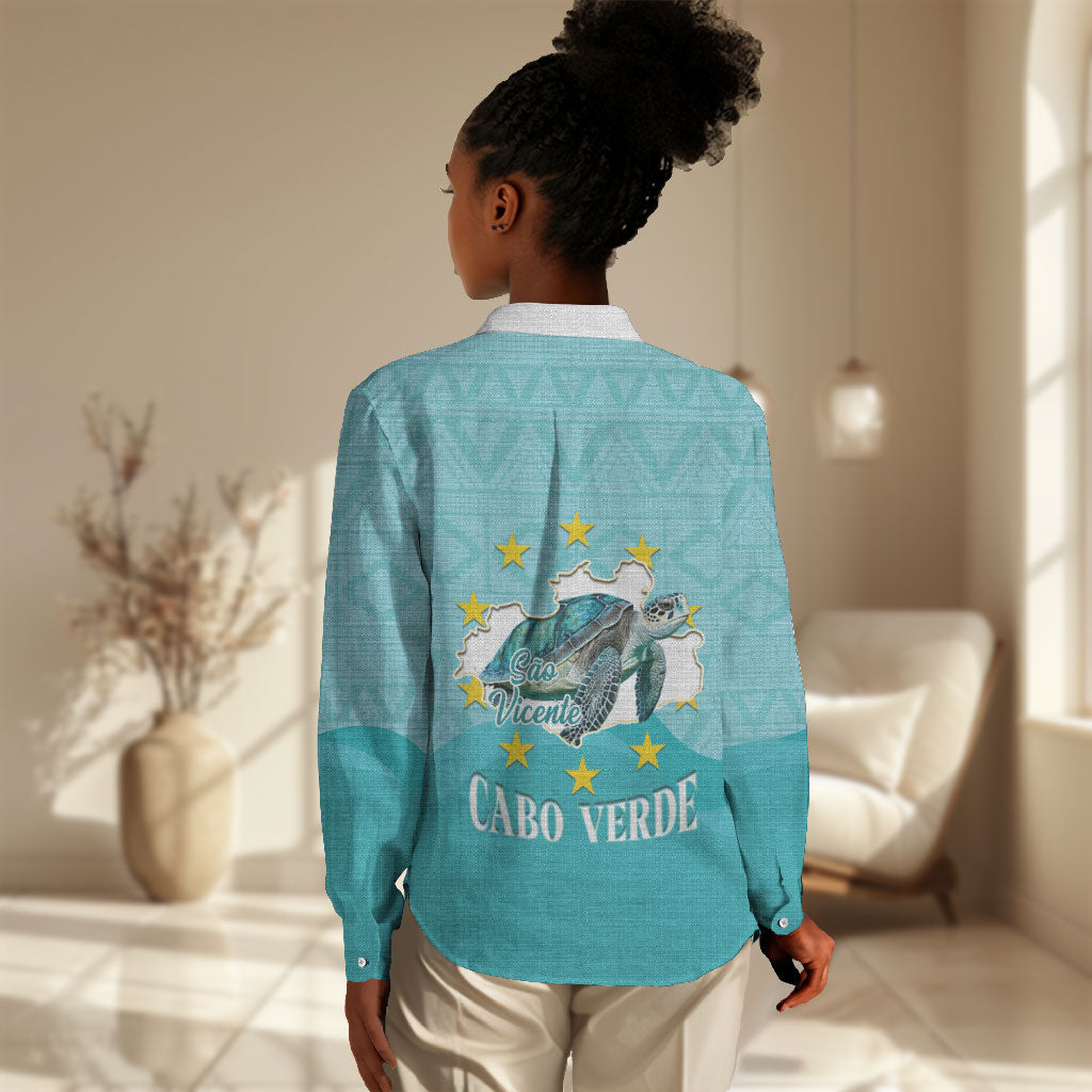 Sao Vincente Cabo Verde Women Casual Shirt Map With Sea Turtle African Pattern