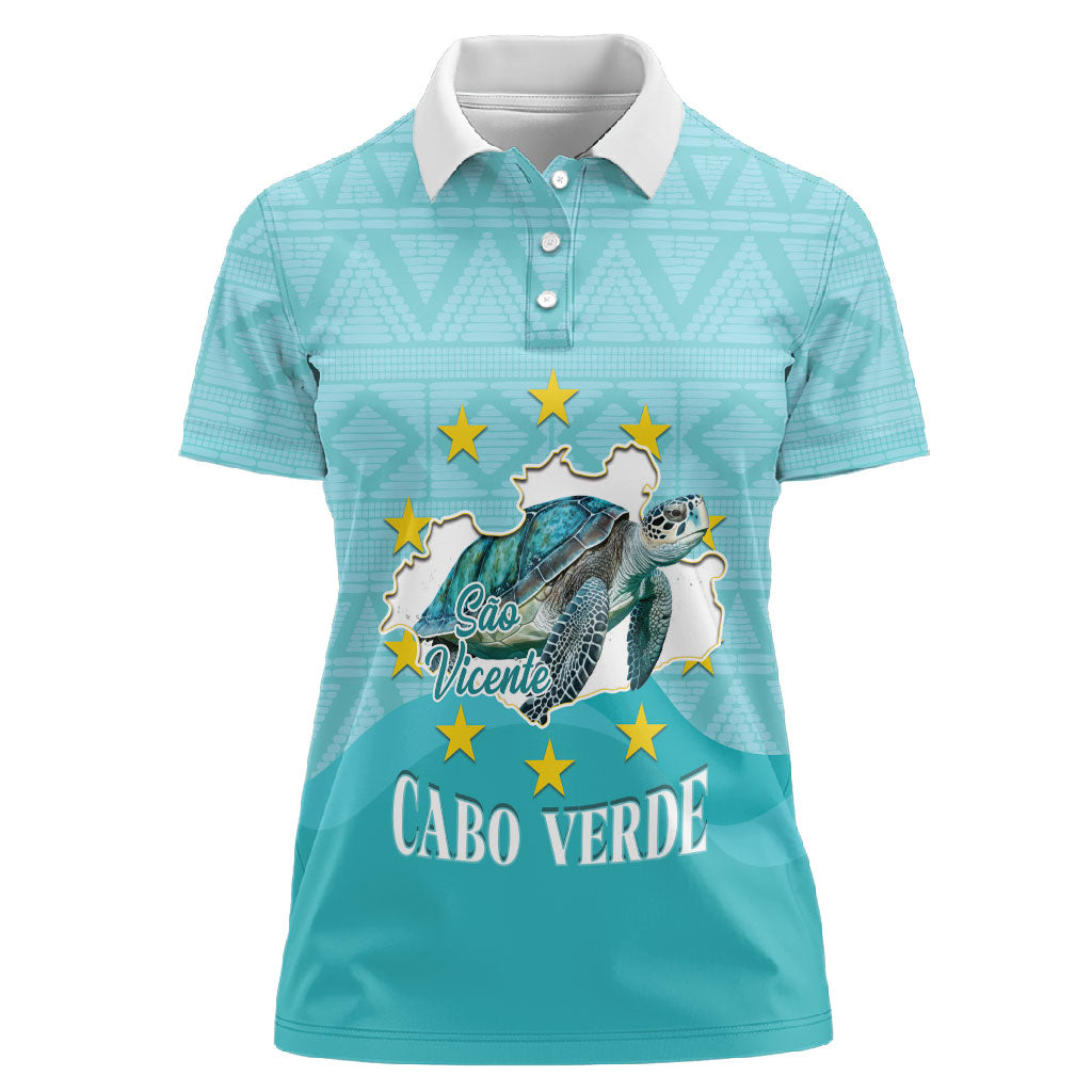 Sao Vincente Cabo Verde Women Polo Shirt Map With Sea Turtle African Pattern