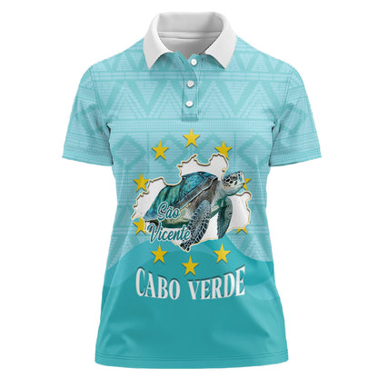 Sao Vincente Cabo Verde Women Polo Shirt Map With Sea Turtle African Pattern
