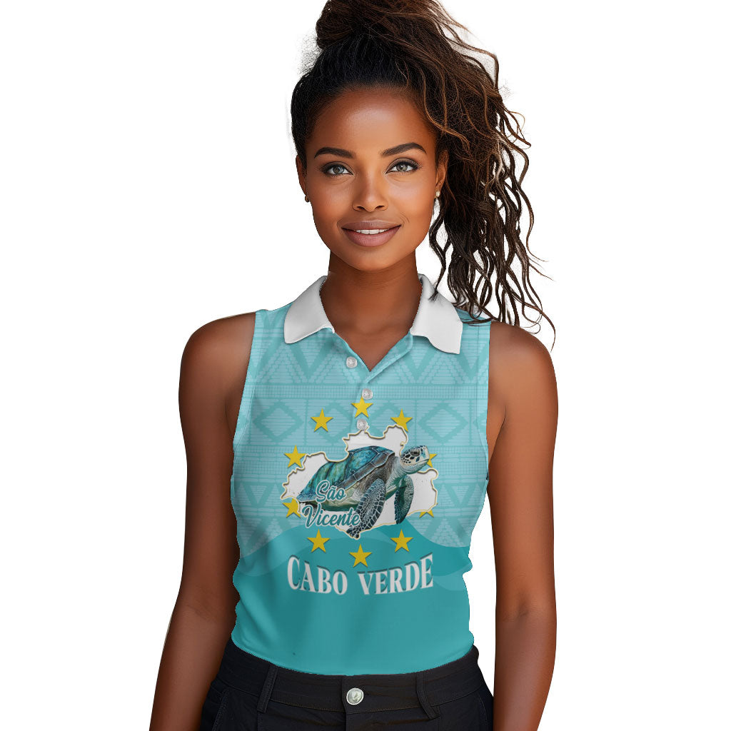 Sao Vincente Cabo Verde Women Sleeveless Polo Shirt Map With Sea Turtle African Pattern