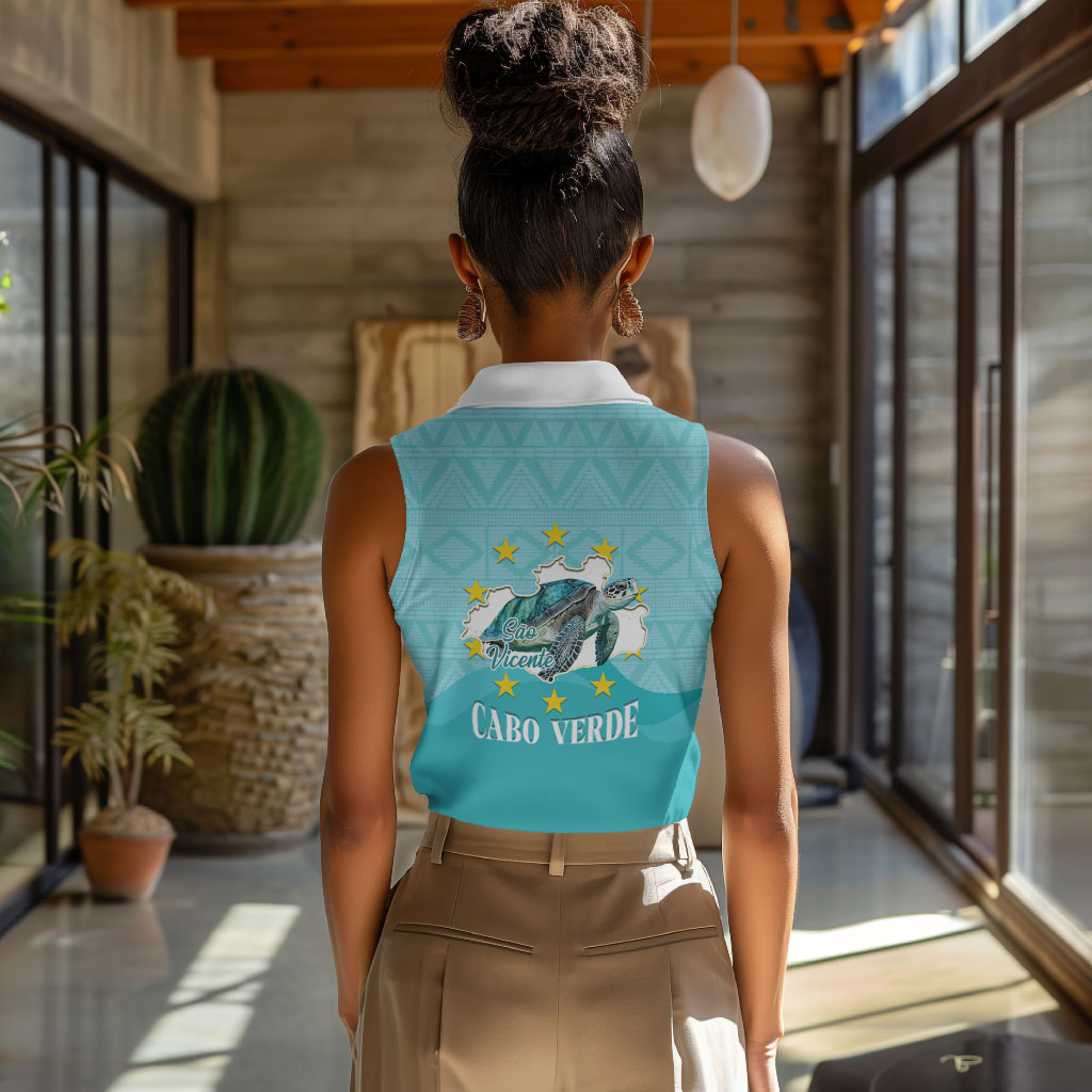 Sao Vincente Cabo Verde Women Sleeveless Polo Shirt Map With Sea Turtle African Pattern