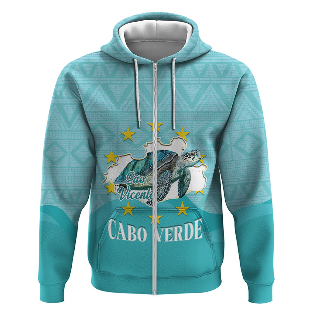 Sao Vincente Cabo Verde Zip Hoodie Map With Sea Turtle African Pattern
