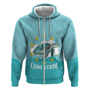 Sao Vincente Cabo Verde Zip Hoodie Map With Sea Turtle African Pattern