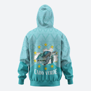 Sao Vincente Cabo Verde Zip Hoodie Map With Sea Turtle African Pattern