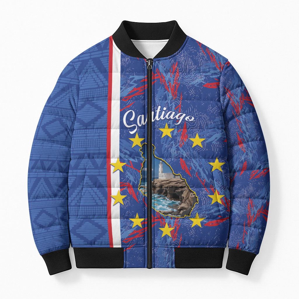 Personalized Santiago Cabo Verde Bomber Puffer Jacket Map With Farol de Dona Maria Pia