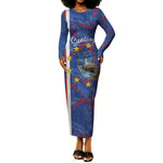 Personalized Santiago Cabo Verde Long Sleeve Bodycon Dress Map With Farol de Dona Maria Pia