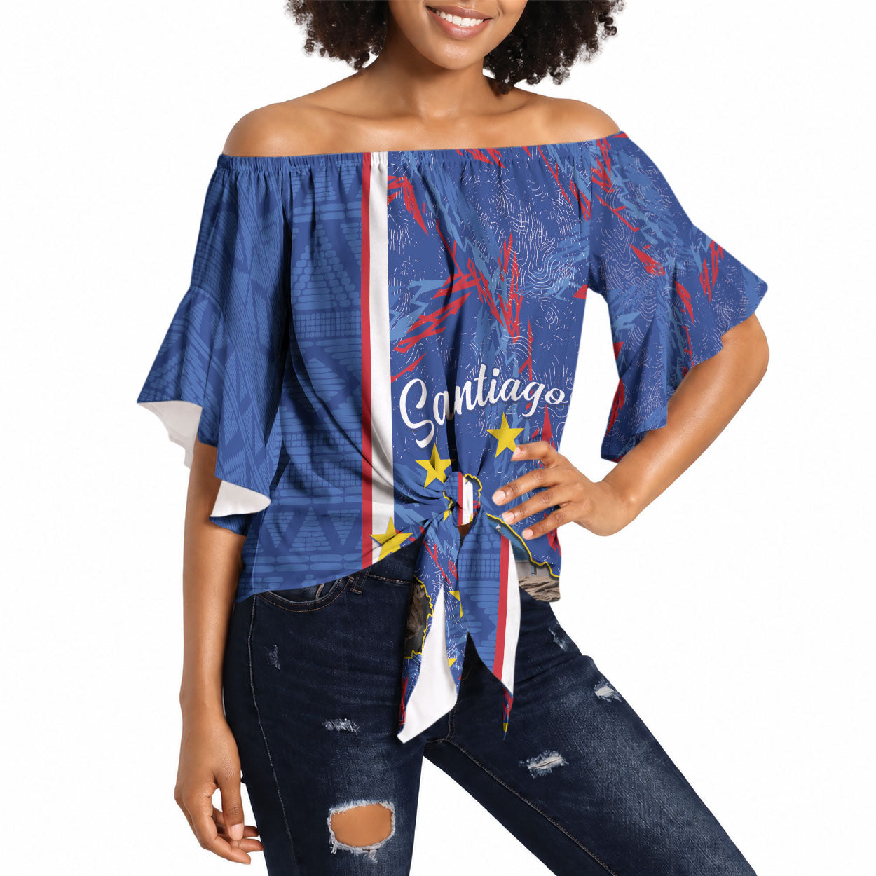 Personalized Santiago Cabo Verde Off Shoulder Wrap Waist Top Map With Farol de Dona Maria Pia