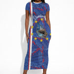 Personalized Santiago Cabo Verde Short Sleeve Bodycon Dress Map With Farol de Dona Maria Pia