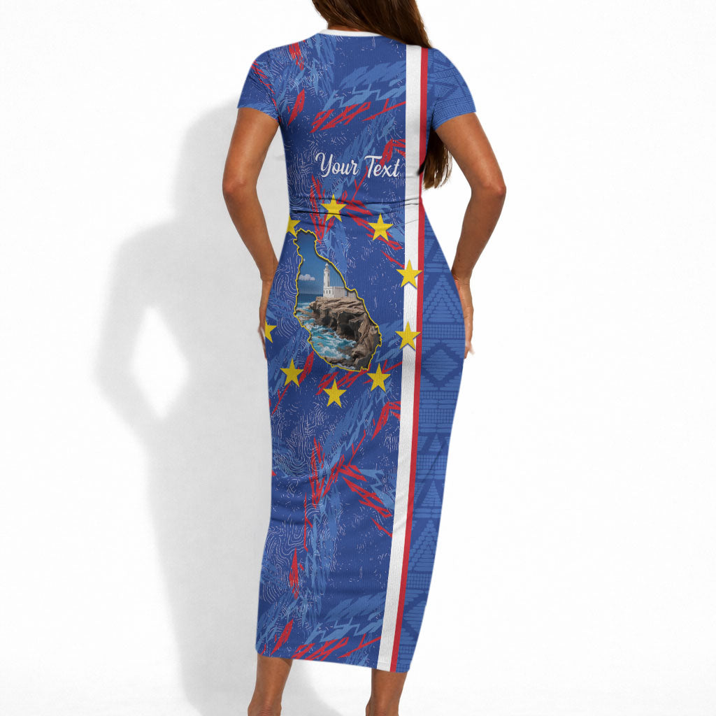 Personalized Santiago Cabo Verde Short Sleeve Bodycon Dress Map With Farol de Dona Maria Pia