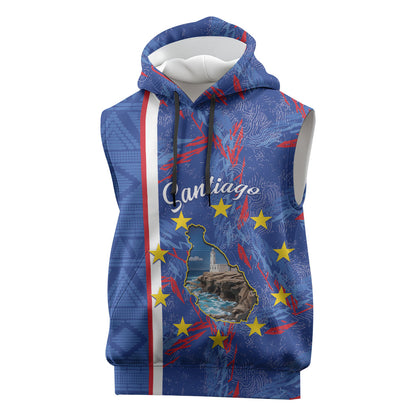 Personalized Santiago Cabo Verde Sleeveless Hoodie Map With Farol de Dona Maria Pia