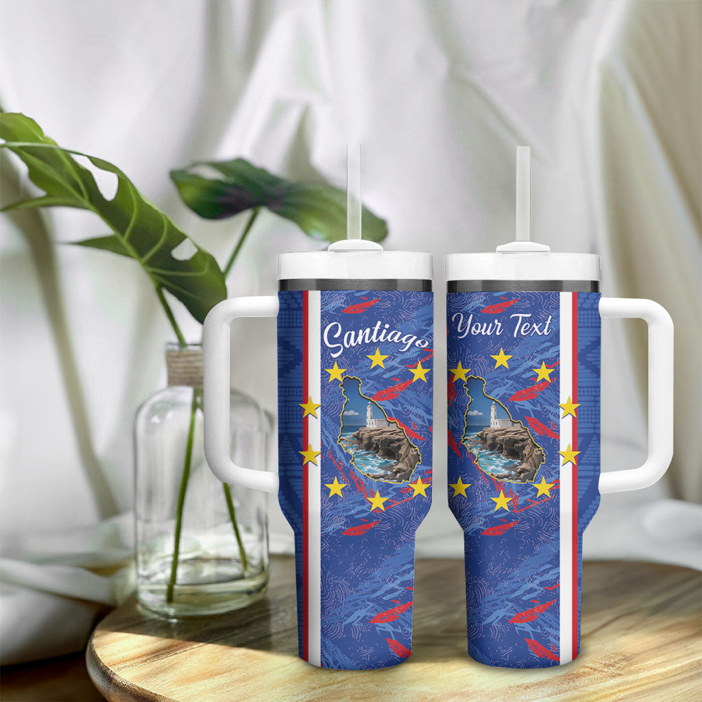 Personalized Santiago Cabo Verde Tumbler With Handle Map With Farol de Dona Maria Pia