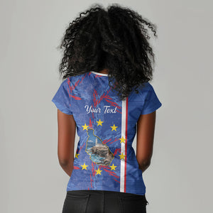 Personalized Santiago Cabo Verde Women V-Neck T-Shirt Map With Farol de Dona Maria Pia