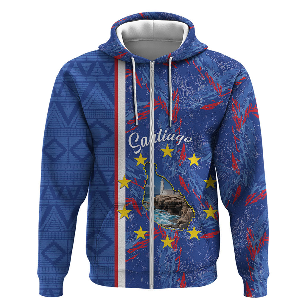 Personalized Santiago Cabo Verde Zip Hoodie Map With Farol de Dona Maria Pia