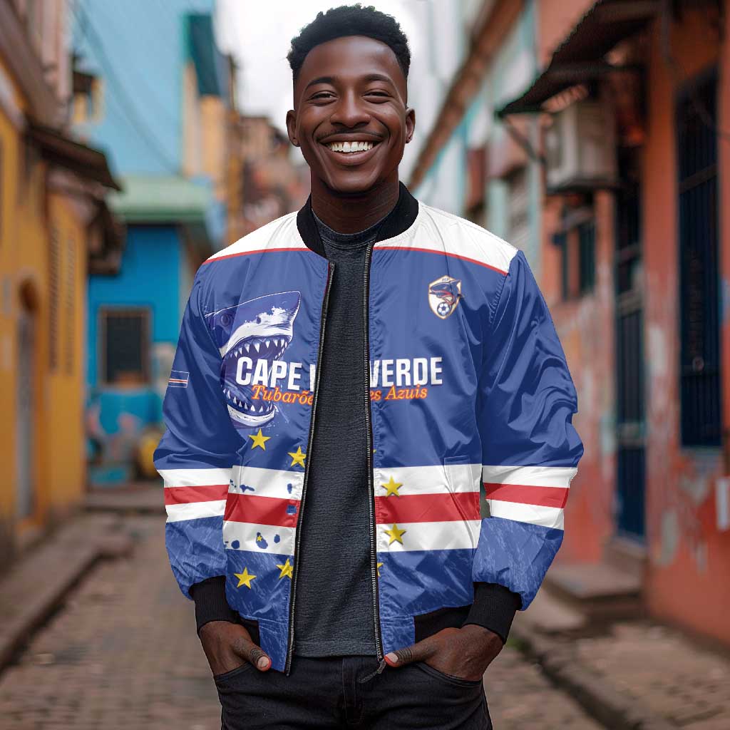 Cape Verde Football Custom Bomber Jacket Come On Tubaroes Azuis Shark - African Pride