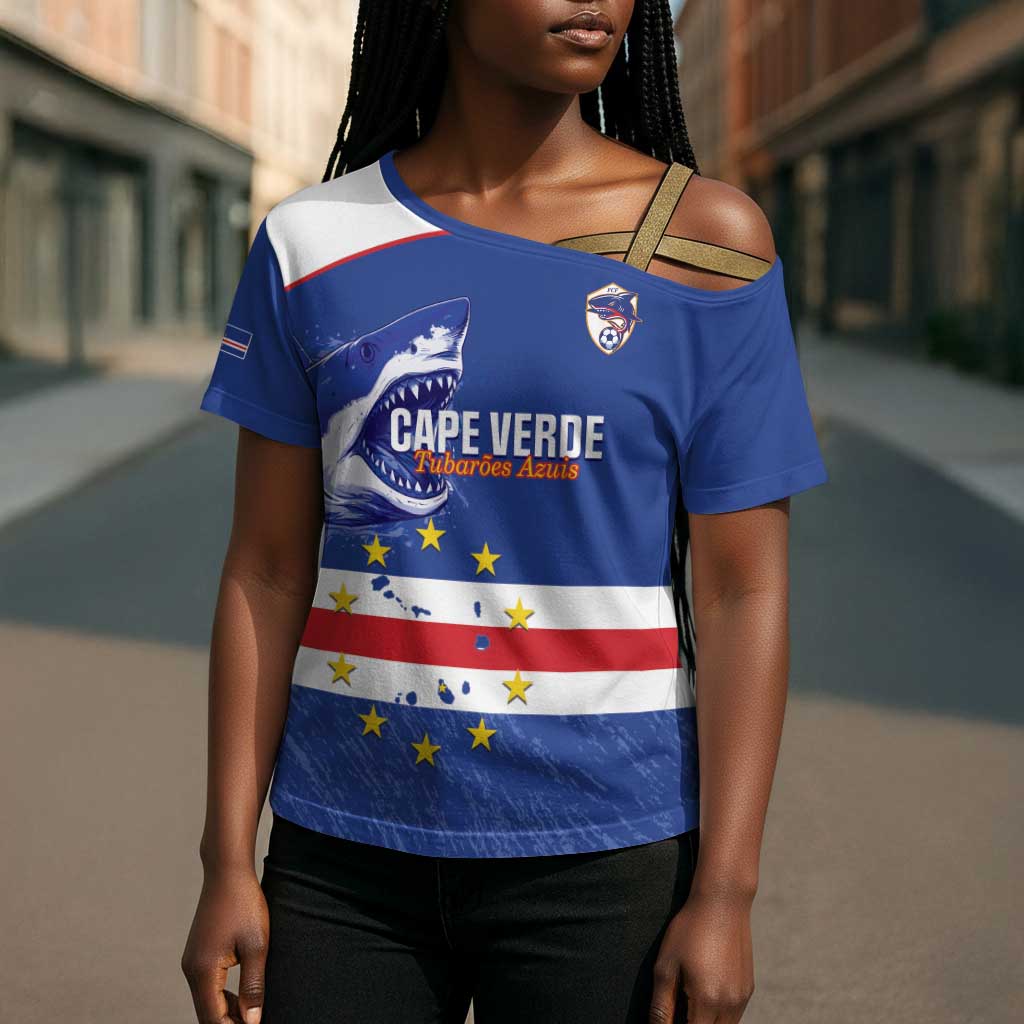 Cape Verde Football Custom Cross Shoulder Shirt Come On Tubaroes Azuis Shark