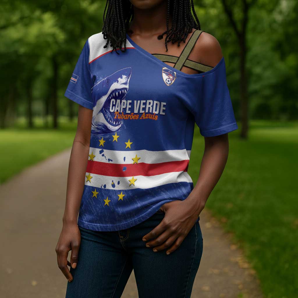 Cape Verde Football Custom Cross Shoulder Shirt Come On Tubaroes Azuis Shark